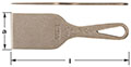 Composite image of a bronze metal spray booth scraper with AMPCO stamped on blade. The blade features a rectangular sloped to the scraper handle neck with open loop handle.  A horizontal image shows the thin width of the entire metal scraper.